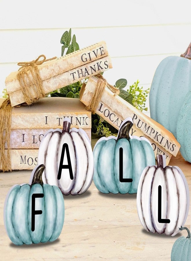 YUJUN 4 Pieces Fall Pumpkin Wooden Signs Decoration,Blue Autumn Tiered Tray Pumpkin Tabletop Decor for Thanksgiving Fall Home Kitchen Harvest Party Decor Supplies - Image 1